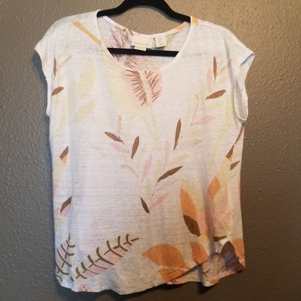 Cynthia Rowley L Top 100% Linen Floral Beach Cruise Coastal Vacation Tropical